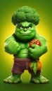 Mean Green Fighting Machine Superhero with Broccoli Head on Green Vegetables Background. Generative ai