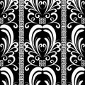 Meander floral seamless pattern. Vector black and white geometric background with hand drawn flowers, vertical