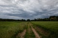 Dirt road through green field and dark stormy sky with clouds Royalty Free Stock Photo