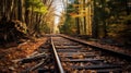 Meandering through the heart of a dense forest, an old train track lies dormant Royalty Free Stock Photo