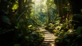 A meandering path through a lush, botanical garden filled with exotic plants