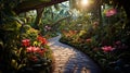 A meandering path through a lush, botanical garden filled with exotic plants