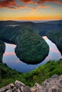 Meanders of river Vltava near Prague, famous vantage point of beatiful Czech Landscape during sunset.