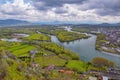 Meanders of rivers. Albania, Shkoder city. View of Drin and Kir rivers