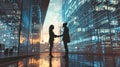 Two People Shaking Hands in Front of a Building. Silhouettes of people. Love in the modern world. Business relations Royalty Free Stock Photo