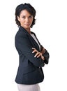 She means business. Studio portrait of a successful businesswoman posing against a white background.