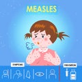 Infographics of Measles. Kid girl with the red blister, complications. Prevention of disease by a vaccine.