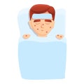 Measles kid in bed icon, cartoon style