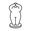 Measure body of person on scales, control weigh obese line icon. Hide eyes from fat figure surprise and big size man