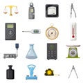 Measure precision tools icons set, cartoon style