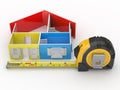 Measure tape and abstract three-dimensional house Royalty Free Stock Photo