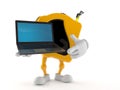 Measure tape character holding laptop Royalty Free Stock Photo