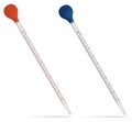 Measured laboratory pipettes. Glass tubes with rubber bulbs. Special laboratory tool. Vector