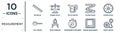 measurement linear icon set. includes thin line big ruler, cup of water, round scale, open compass, square measument, wheel meter