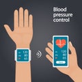 Measurement and monitoring of blood pressure with modern gadgets and mobile applications. Man checking arterial blood pressure wit Royalty Free Stock Photo