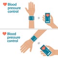 Measurement and monitoring of blood pressure with modern gadgets and mobile applications. Man checking arterial blood pressure wit Royalty Free Stock Photo