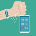 Measurement and monitoring of blood pressure with modern gadgets and mobile applications. Man checking arterial blood pressure Royalty Free Stock Photo