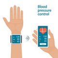 Measurement and monitoring of blood pressure with modern gadgets and mobile applications. Man checking arterial blood pressure wit Royalty Free Stock Photo
