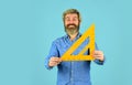 Measurement tool. Teacher stem. School education. Find perfect angle. Architect education. Teaching geometry. Bearded Royalty Free Stock Photo