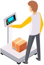 Measurement of weight of cardboard box with goods using scales. Warehouse worker is weighing cargo