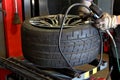 A technician measures the pressure of car tires