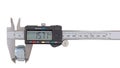 Measuring big steel nut with vernier calipers Royalty Free Stock Photo