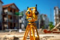 Measuring distances, angles and heights with a theodolite. Geodetic equipment, total station at a construction site. Generative AI Royalty Free Stock Photo