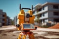 Measuring distances, angles and heights with a theodolite. Geodetic equipment, total station at a construction site. Generative AI Royalty Free Stock Photo