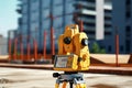 Measuring distances, angles and heights with a theodolite. Geodetic equipment, total station at a construction site. Generative AI Royalty Free Stock Photo