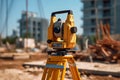 Measuring distances, angles and heights with a theodolite. Geodetic equipment, total station at a construction site. Generative AI Royalty Free Stock Photo