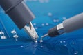 Measuring electronic signal using oscilloscope on the PCB. Electronics repair and digital technology Royalty Free Stock Photo