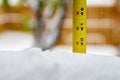 Measuring the snow depth with ruler 40 feet Royalty Free Stock Photo