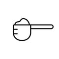 Measuring spoon with portion of dry powder. Linear icon of muscle building protein whey. Black illustration of scoop with sport