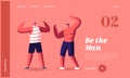 Measuring Strength Landing Page Template. Male Characters Demonstrate Huge Muscles and Sportive Athletic Body