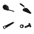 Measuring tape, bolt with nut, trowel, wood hacksaw. Build and repair set collection icons in black style vector symbol