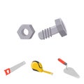 Measuring tape, bolt with nut, trowel, wood hacksaw. Build and repair set collection icons in cartoon style vector