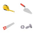 Measuring tape, bolt with nut, trowel, wood hacksaw. Build and repair set collection icons in cartoon style vector