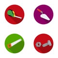 Measuring tape, bolt with nut, trowel, wood hacksaw. Build and repair set collection icons in monochrome style vector