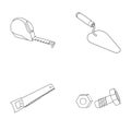 Measuring tape, bolt with nut, trowel, wood hacksaw. Build and repair set collection icons in outline style vector