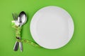 measuring tape, plate and cutlery on a green background Royalty Free Stock Photo