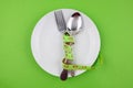 measuring tape, plate and cutlery on a green background Royalty Free Stock Photo