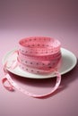 Measuring tape on a white plate on a pink background, vertical.