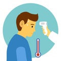 Measuring the temperature of a man with medical digital infrared thermometer in side view. Covid19 Coronavirus epidemic outbreak. Royalty Free Stock Photo