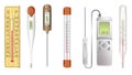 Measuring tools, electronic or mercury thermometers isolated icons