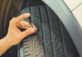 Measuring tread wear on a tire on a car.Safe to use on a daily b