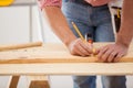 Measuring a wood board Royalty Free Stock Photo