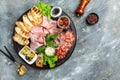 Meat appetizer, Antipasto platter cold meat plate with prosciutto, slices ham, salami, decorated with basil, tomatoes and olive Royalty Free Stock Photo