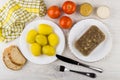 Meat aspic in plate, knife, fork, mustard, horseradish, boiled p