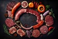 Meat background, appetizing tasty pieces and slices of different meat, beef, pork, entrecote, steak on black, flatley