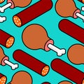 Meat background. Salami and Meat on bone seamless pattern . Piece of beef and sausage. Pork ham texture. Food isometric style